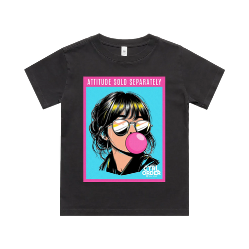 Attitude Sold Separately kids t-shirt in faded black with bold poster graphic - heavy faded youth streetwear by CTRL ORDER Australia