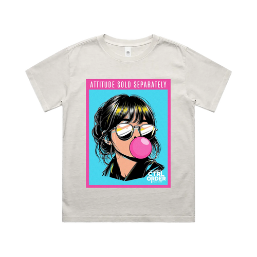 Attitude Sold Separately kids t-shirt in faded bone with pink and blue bubble gum poster graphic - heavy faded youth streetwear by CTRL ORDER Australia