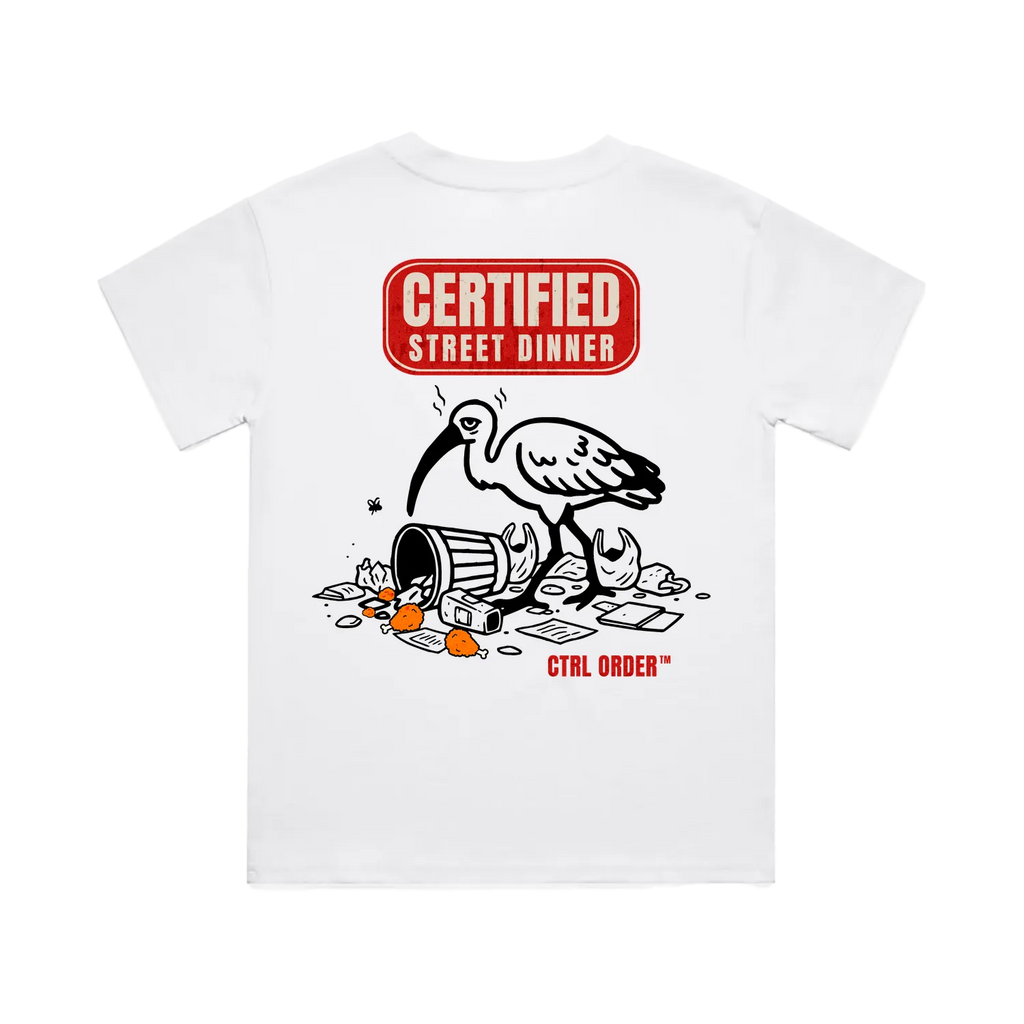 "Certified Street Dinner kids t-shirt back view in white with bin chicken ibis graphic - Aussie youth streetwear by CTRL ORDER Australia"
