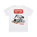 "Certified Street Dinner kids t-shirt back view in white with bin chicken ibis graphic - Aussie youth streetwear by CTRL ORDER Australia"
