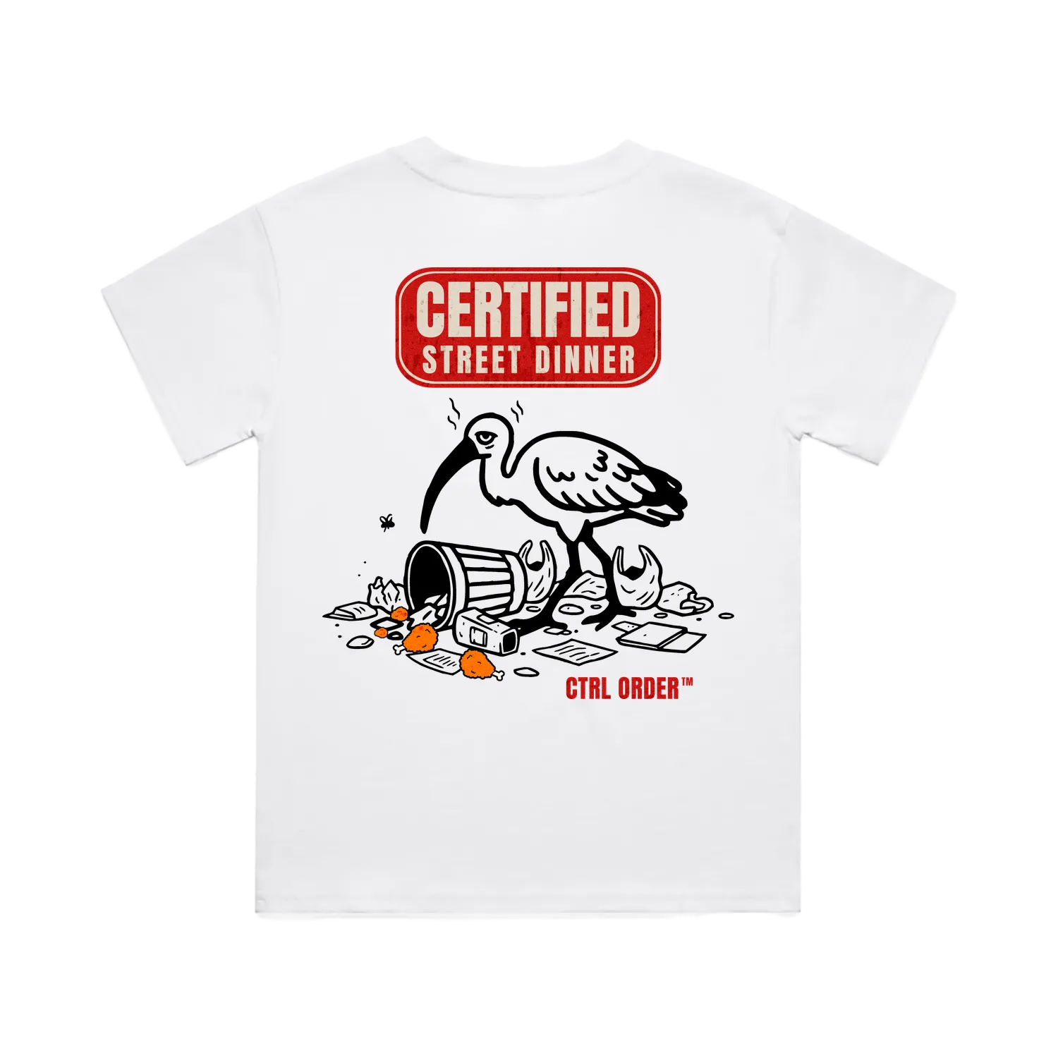 "Certified Street Dinner kids t-shirt back view in white with bin chicken ibis graphic - Aussie youth streetwear by CTRL ORDER Australia"
