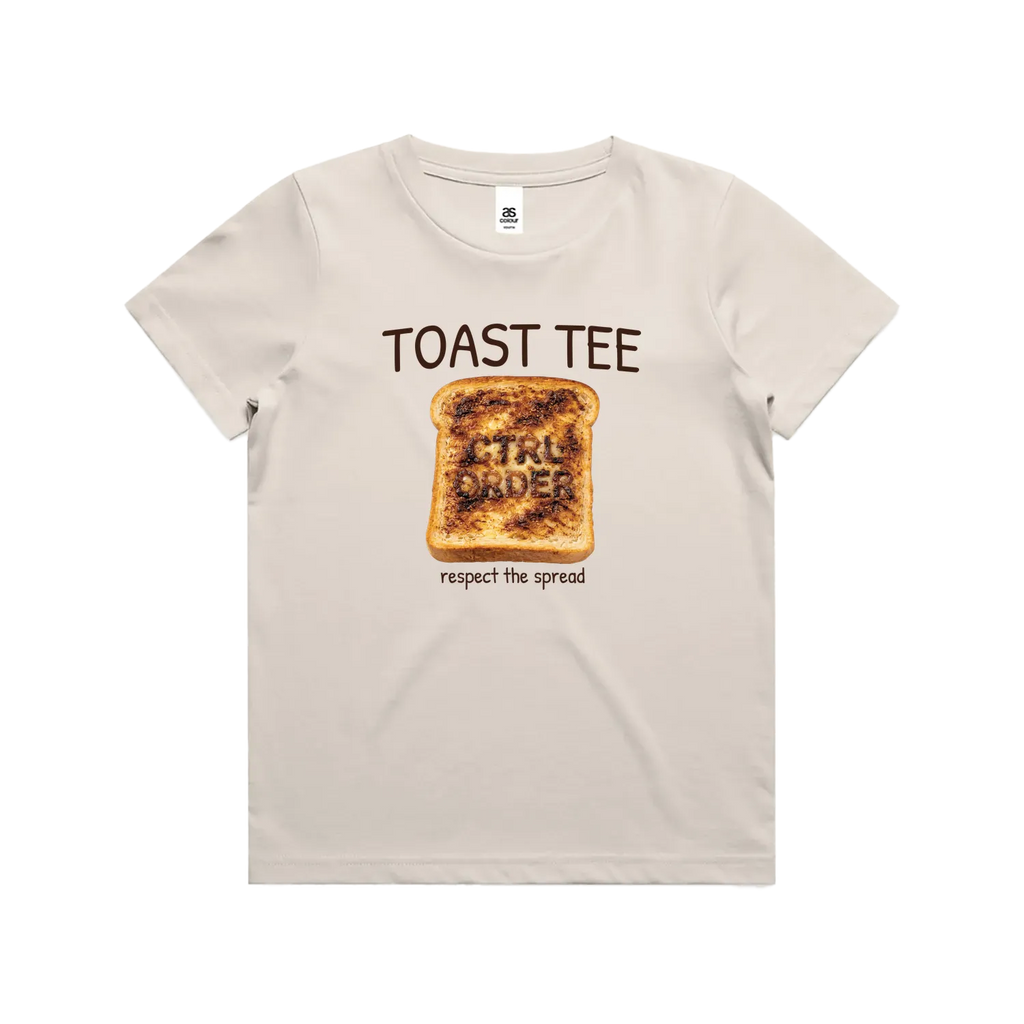 Beige t-shirt with a graphic of toast and text on a bone background