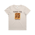 Beige t-shirt with a graphic of toast and text on a bone background