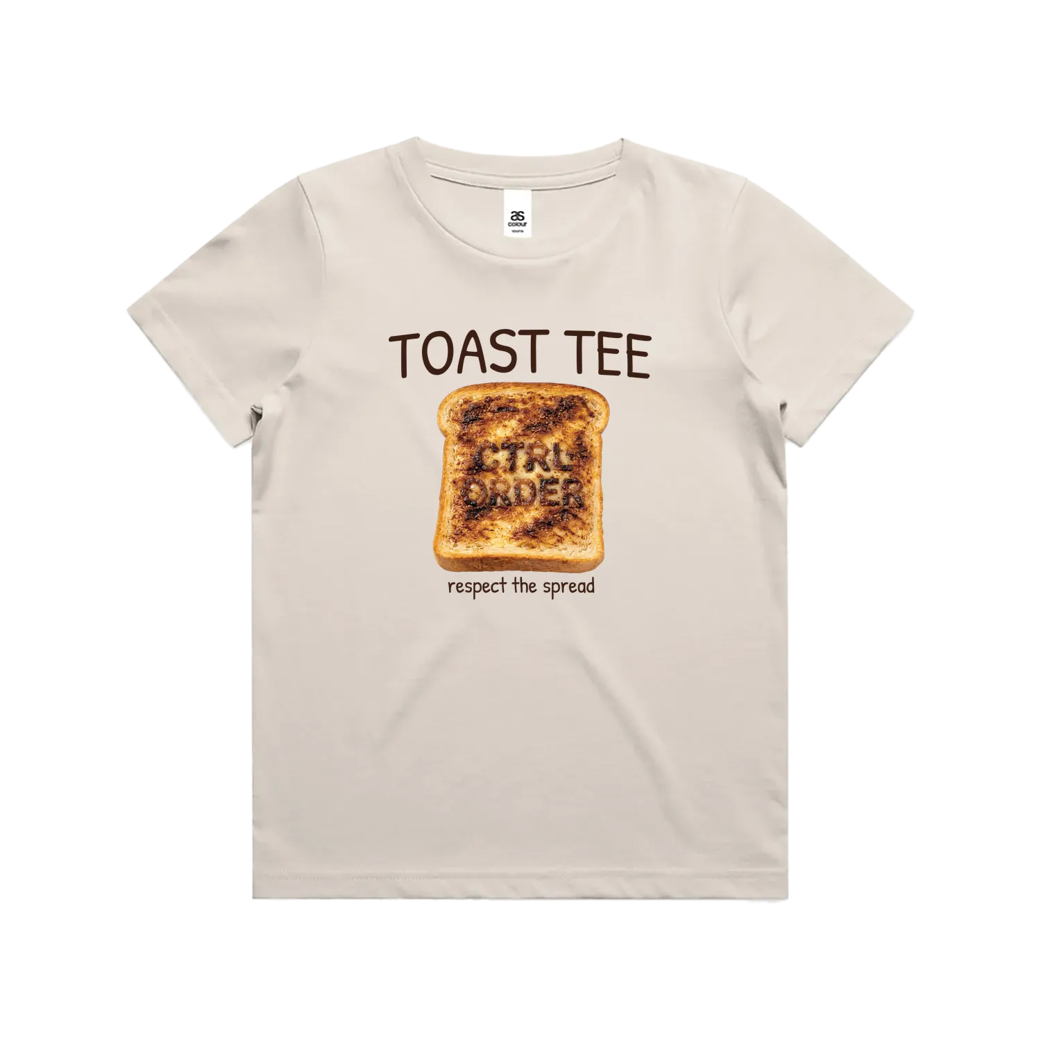 Beige t-shirt with a graphic of toast and text on a bone background