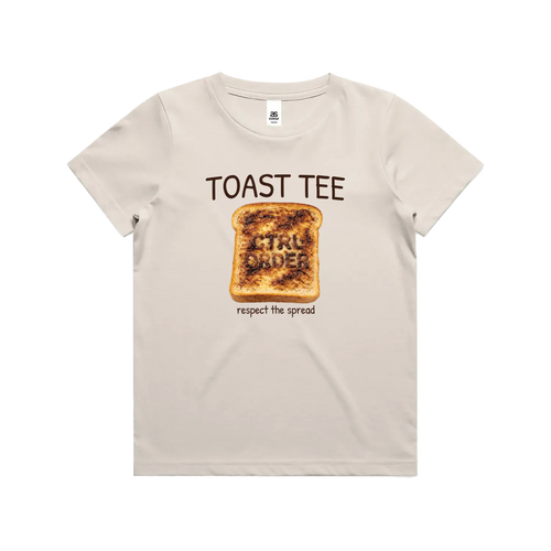 Beige t-shirt with a graphic of toast and text on a bone background