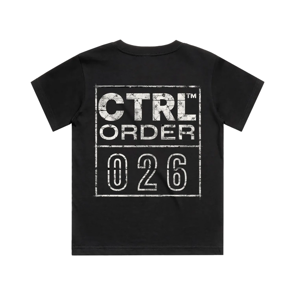 CTRL 026 cream graphic kids tee back view in black - minimal youth streetwear by CTRL ORDER, premium AS Colour classic tee