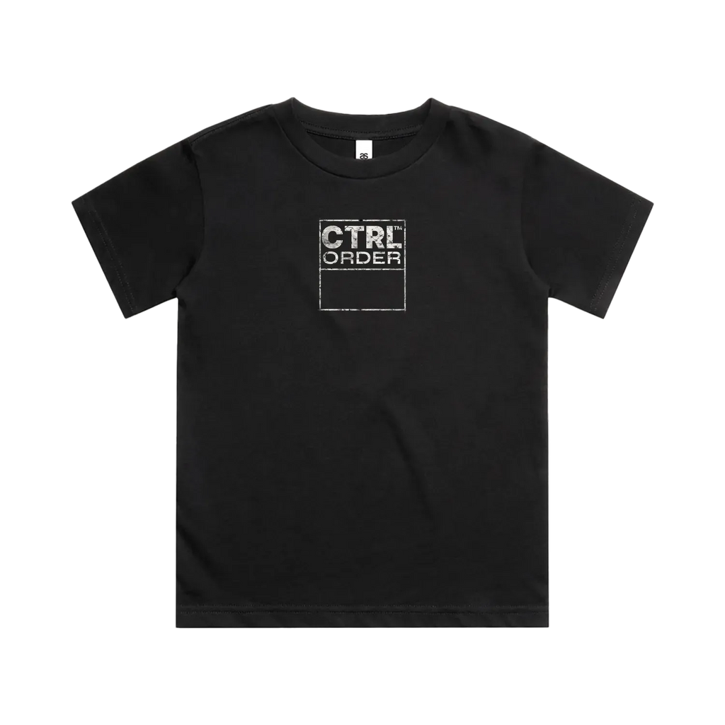 CTRL 026 cream graphic kids tee front view in black - minimal youth streetwear by CTRL ORDER, premium AS Colour classic tee