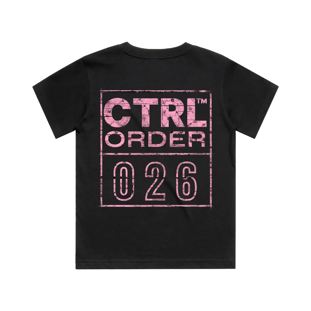 CTRL 026 pink graphic kids tee back view in black - minimal youth streetwear by CTRL ORDER, premium AS Colour classic tee