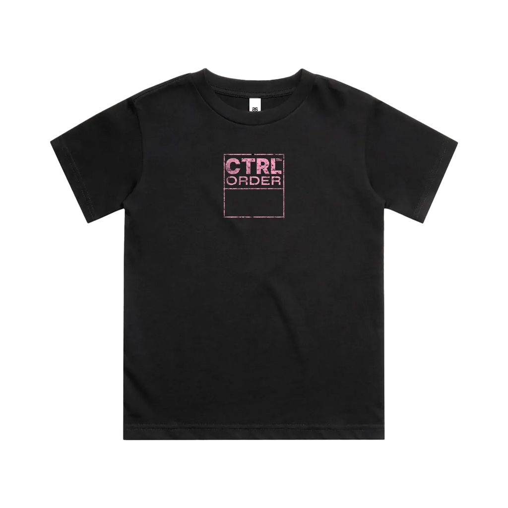 "CTRL 026 pink graphic kids tee front view in black - minimal youth streetwear by CTRL ORDER, premium AS Colour classic tee