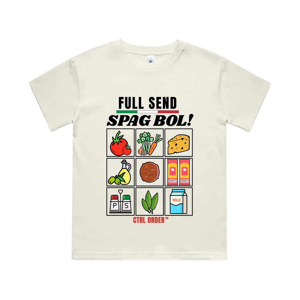 Spag Bol kids graphic t-shirt in ecru with Full Send Spag Bol ingredient grid - fun youth streetwear by CTRL ORDER Australia