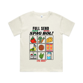 Spag Bol kids graphic t-shirt in ecru with Full Send Spag Bol ingredient grid - fun youth streetwear by CTRL ORDER Australia