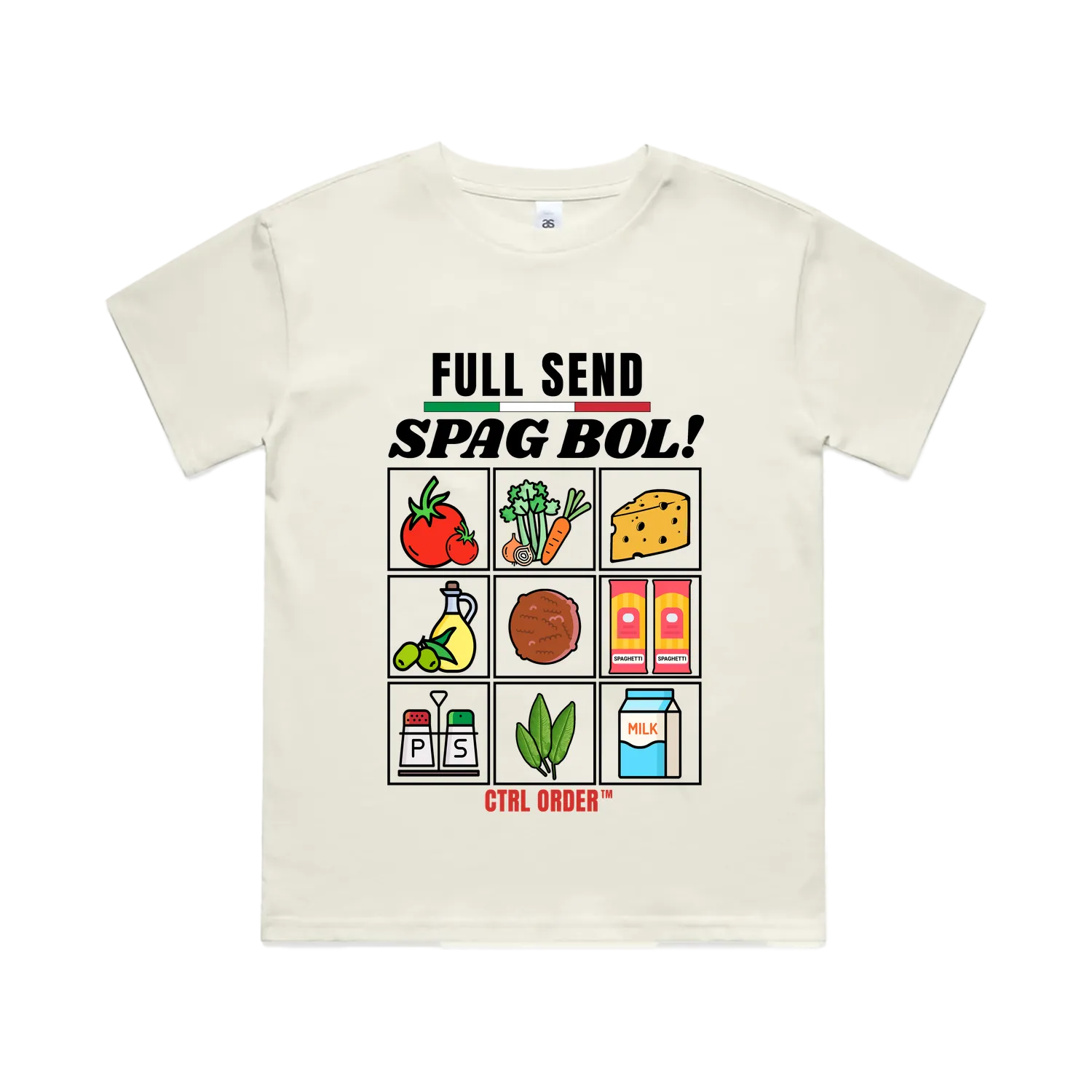 Spag Bol kids graphic t-shirt in ecru with Full Send Spag Bol ingredient grid - fun youth streetwear by CTRL ORDER Australia