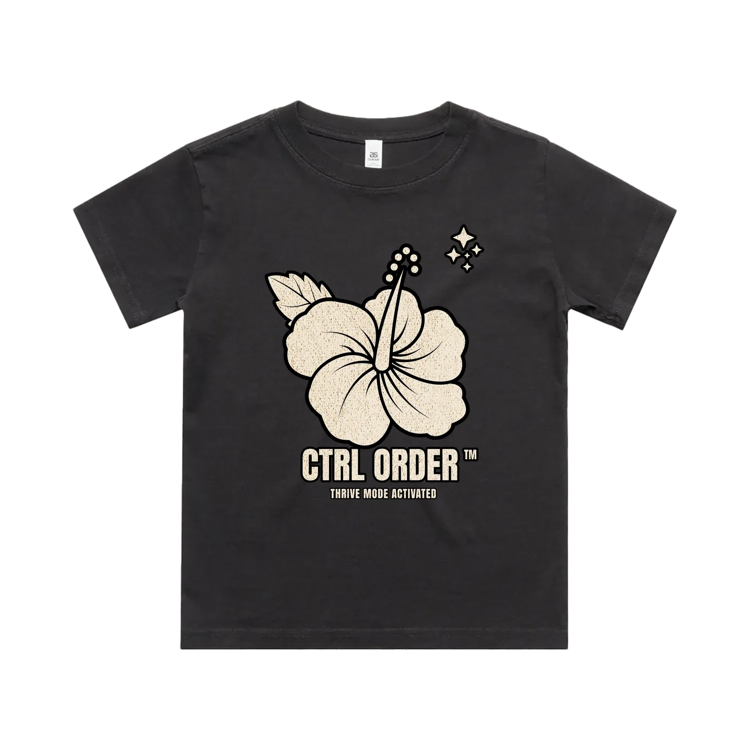 Thrive kids graphic t-shirt in faded black with hibiscus and cream graphics - heavy faded youth streetwear by CTRL ORDER Australia