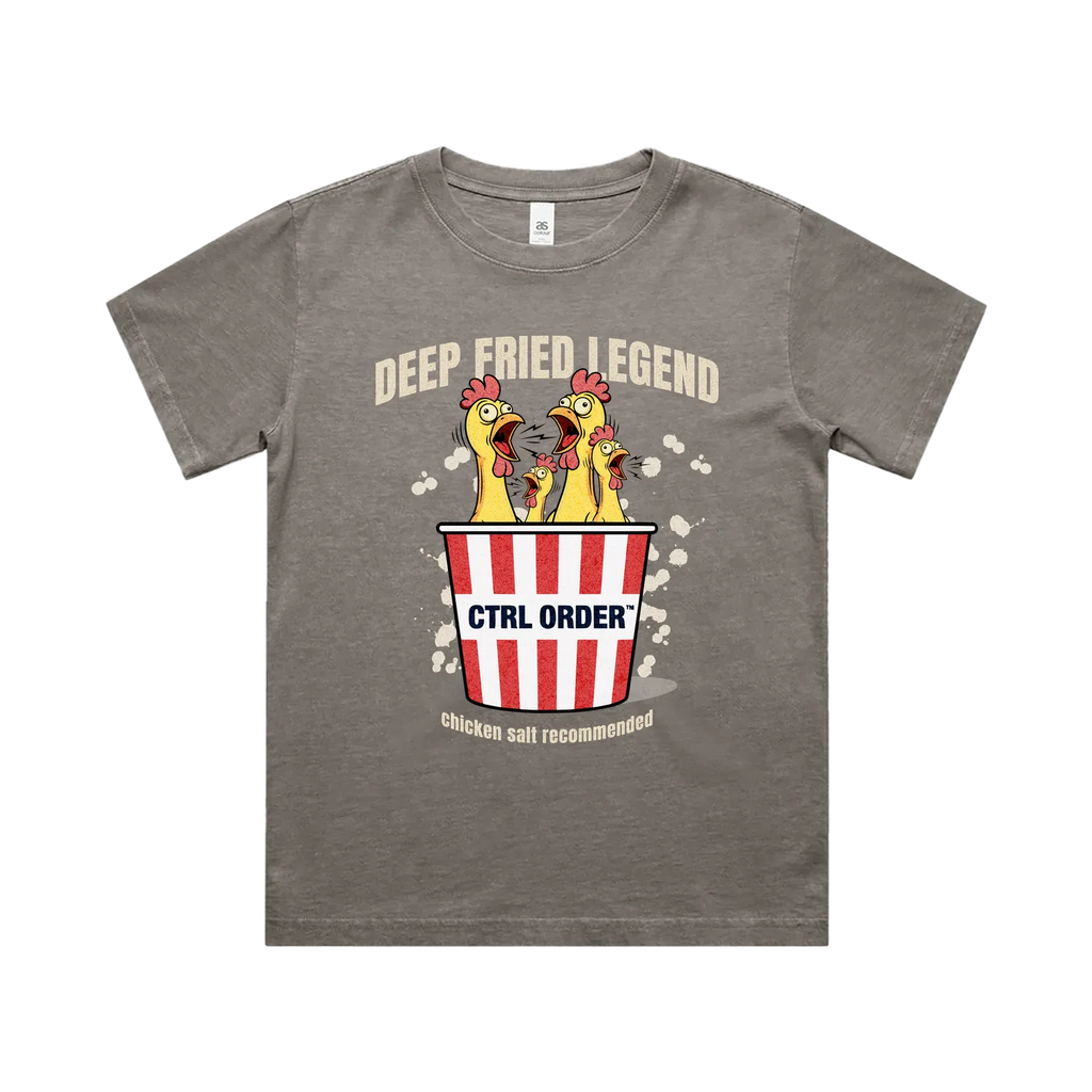 Deep Fried Legend kids graphic t-shirt in faded grey with chicken salt theme - youth streetwear by CTRL ORDER Australia