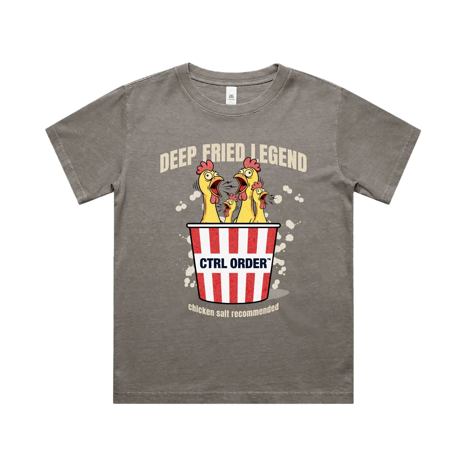 Deep Fried Legend kids graphic t-shirt in faded grey with chicken salt theme - youth streetwear by CTRL ORDER Australia