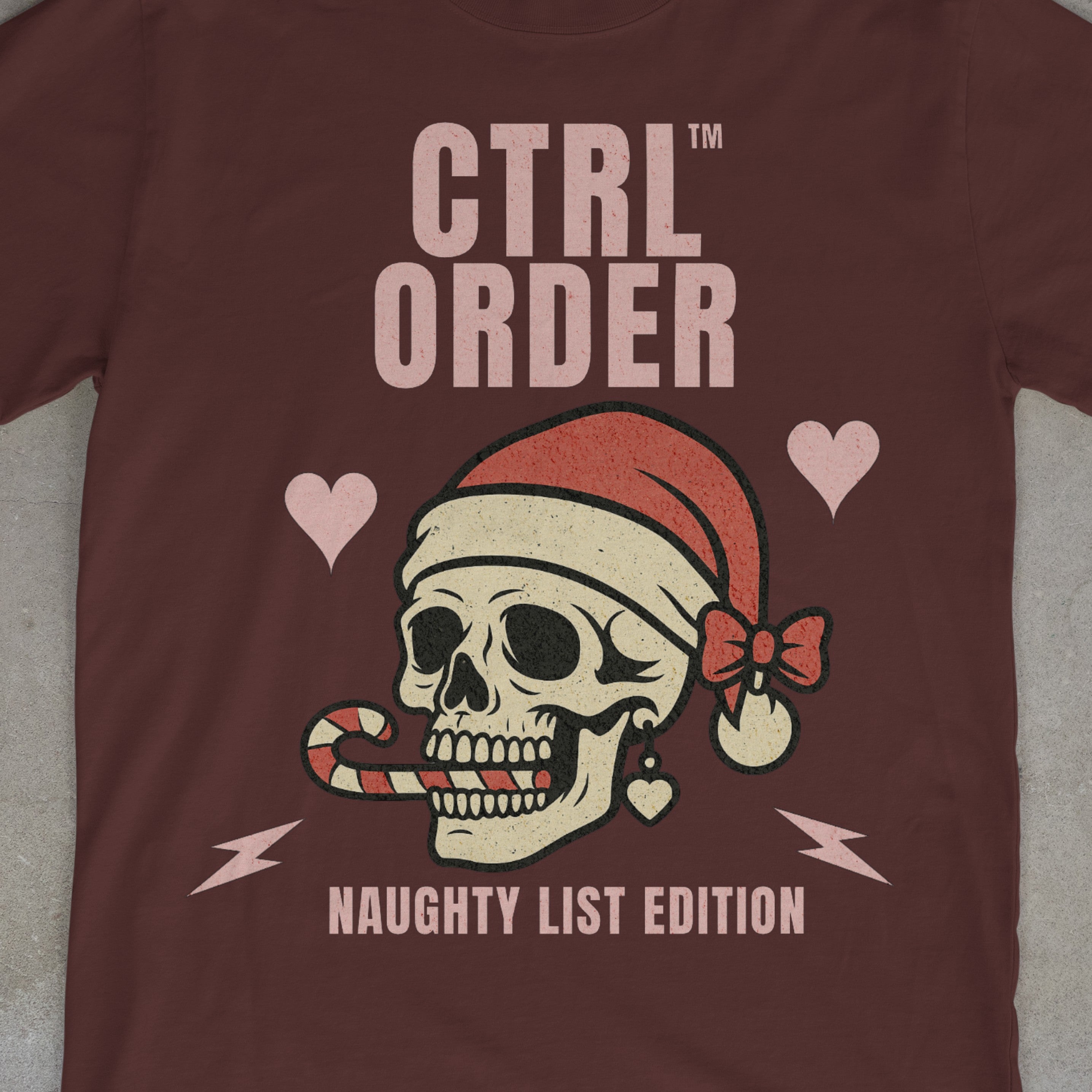 CTRL ORDER  – Naughty List Edition Youth Tee | Pink Skull Christmas Shirt