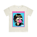 Ecru kids t-shirt with ‘Attitude Sold Separately’ graphic featuring a girl blowing a pink bubble gum bubble.