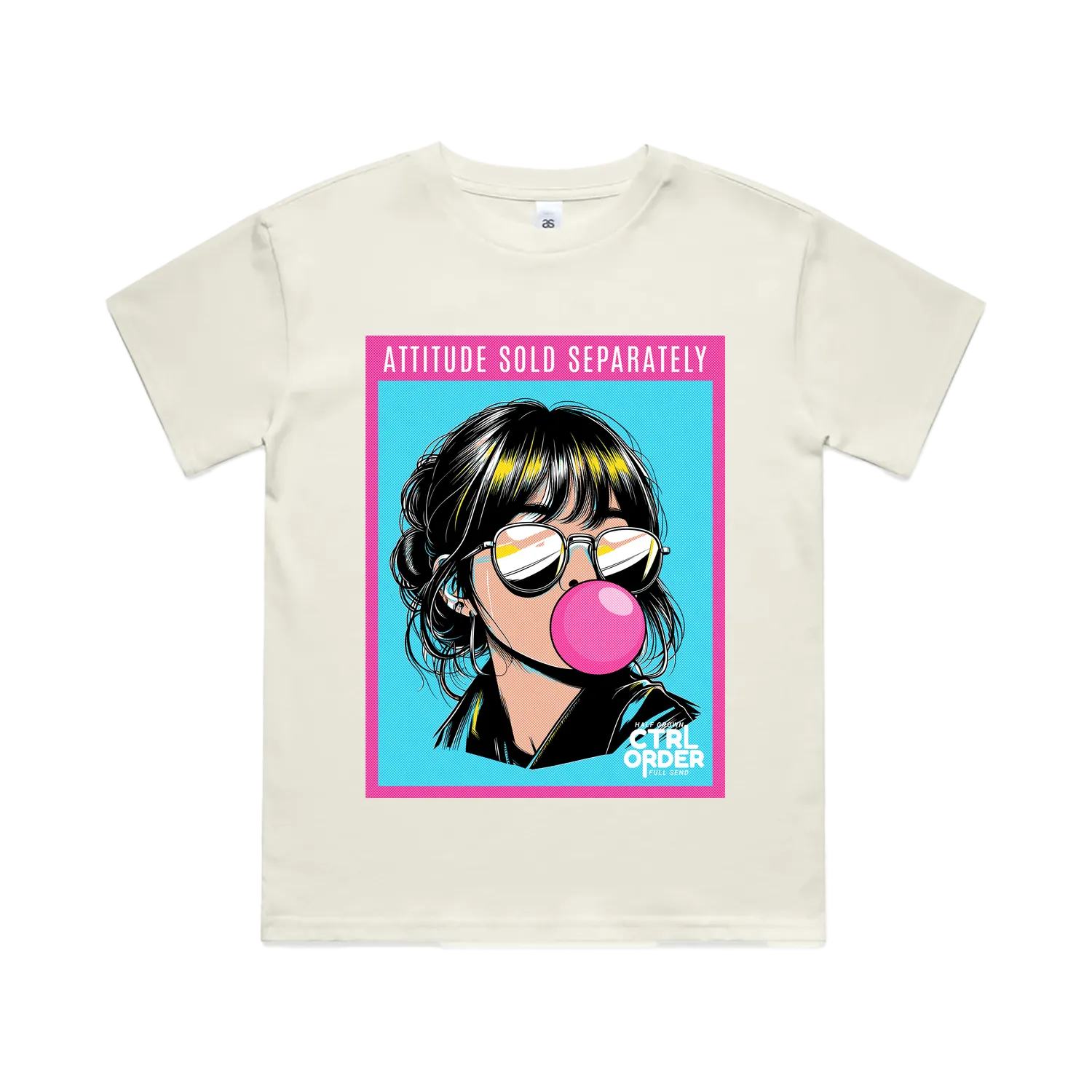 Ecru kids t-shirt with ‘Attitude Sold Separately’ graphic featuring a girl blowing a pink bubble gum bubble.