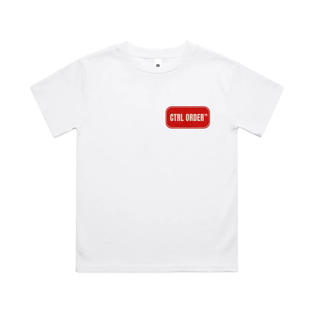 White Certified Street Dinner t-shirt with red CTRL ORDER chest logo
