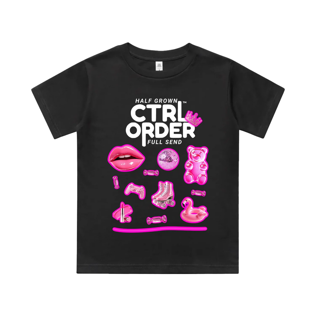Neon Pink Icons kids t-shirt in coal black with bright pink Australian icon graphics - youth streetwear by CTRL ORDER Australia