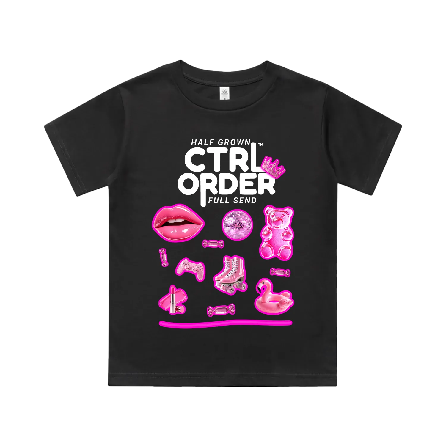 Neon Pink Icons kids t-shirt in coal black with bright pink Australian icon graphics - youth streetwear by CTRL ORDER Australia