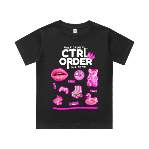 Neon Pink Icons kids t-shirt in coal black with bright pink Australian icon graphics - youth streetwear by CTRL ORDER Australia