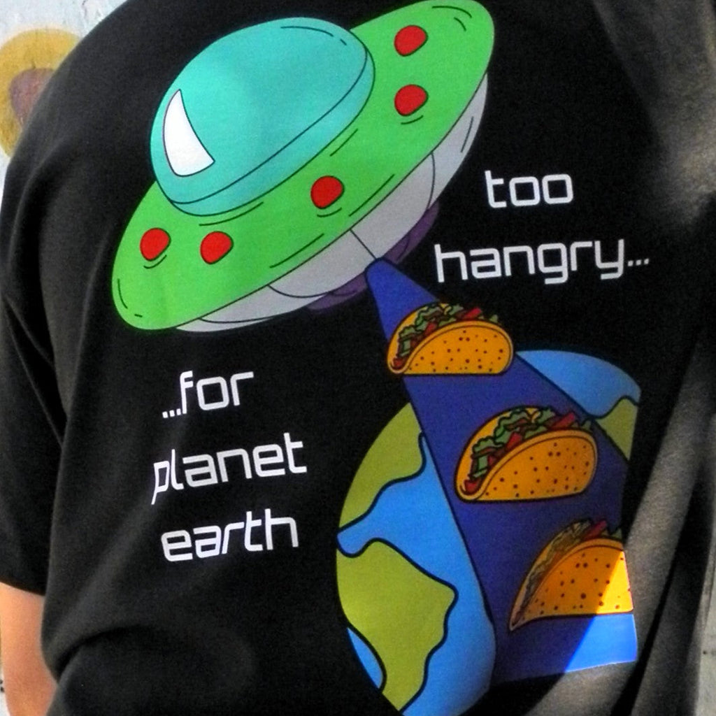 Back detail of Alien Taco kids t-shirt showing UFO graphic with 'too hangry for planet earth' text - Australian youth streetwear by CTRL ORDER