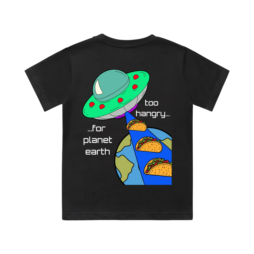 Alien Taco kids t-shirt back view in coal black with UFO stealing tacos from Earth graphic - fun youth streetwear by CTRL ORDER Australia