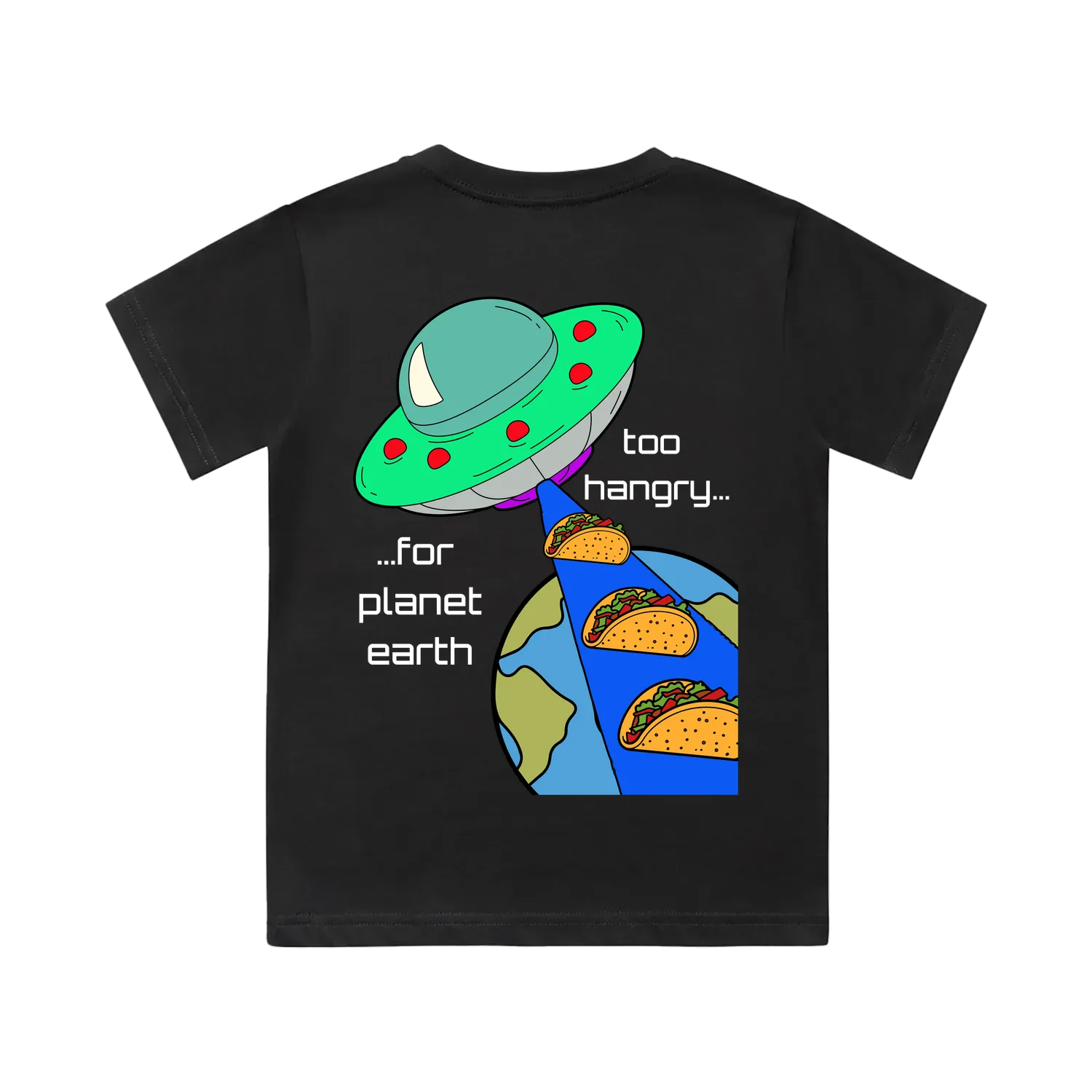 Alien Taco kids t-shirt back view in coal black with UFO stealing tacos from Earth graphic - fun youth streetwear by CTRL ORDER Australia