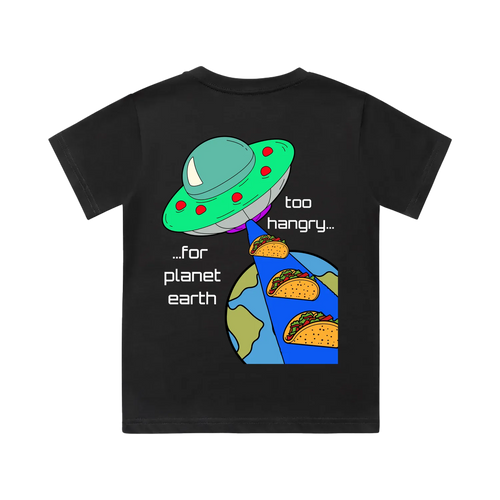 Alien Taco kids t-shirt back view in coal black with UFO stealing tacos from Earth graphic - fun youth streetwear by CTRL ORDER Australia