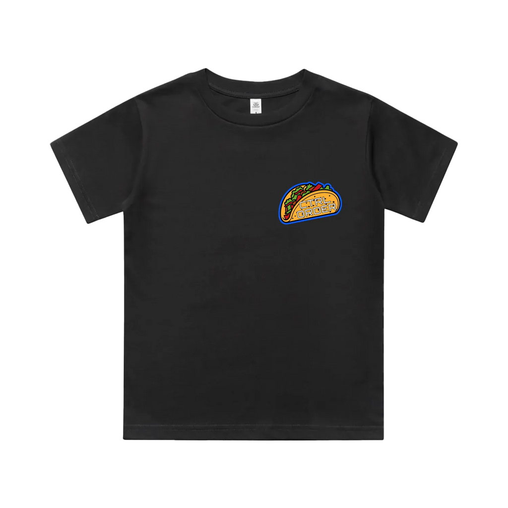 Alien Taco kids t-shirt in coal black with small taco UFO chest graphic - fun youth streetwear by CTRL ORDER Australia