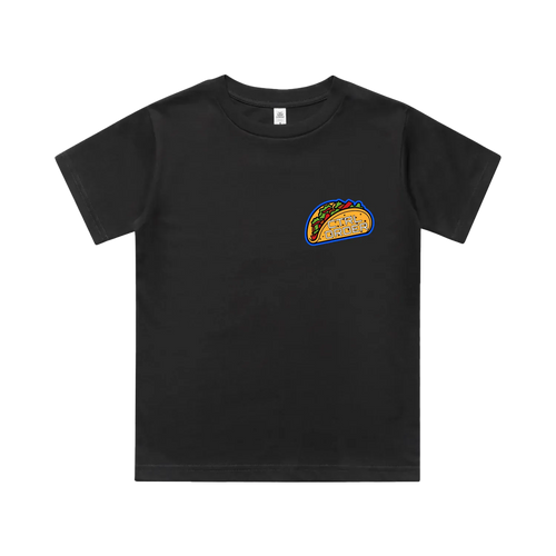 Alien Taco kids t-shirt in coal black with small taco UFO chest graphic - fun youth streetwear by CTRL ORDER Australia