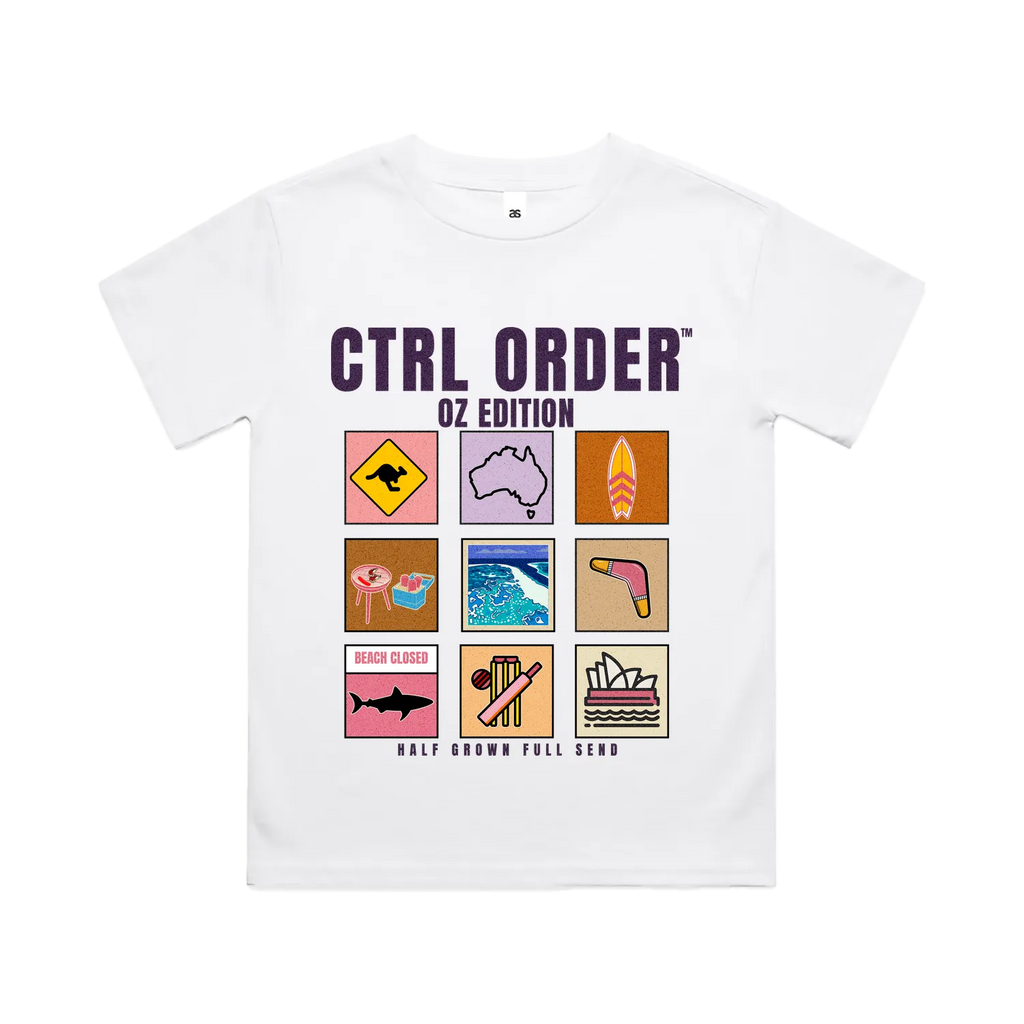Aussie Icons kids t-shirt in white with pastel pink OZ Edition Australian icon graphic - youth streetwear by CTRL ORDER Australia