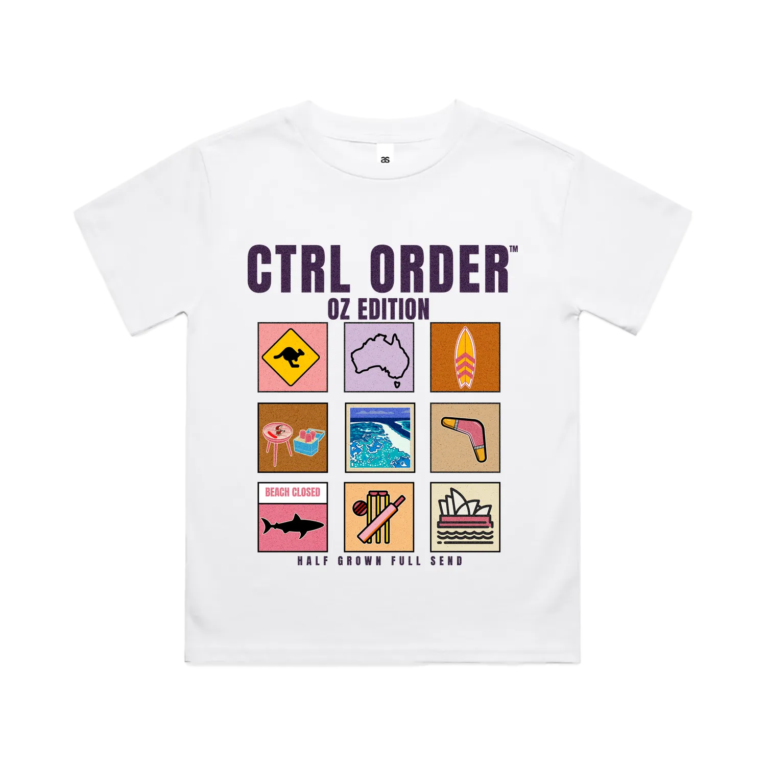Aussie Icons kids t-shirt in white with pastel pink OZ Edition Australian icon graphic - youth streetwear by CTRL ORDER Australia