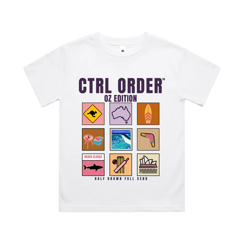 Aussie Icons kids t-shirt in white with pastel pink OZ Edition Australian icon graphic - youth streetwear by CTRL ORDER Australia