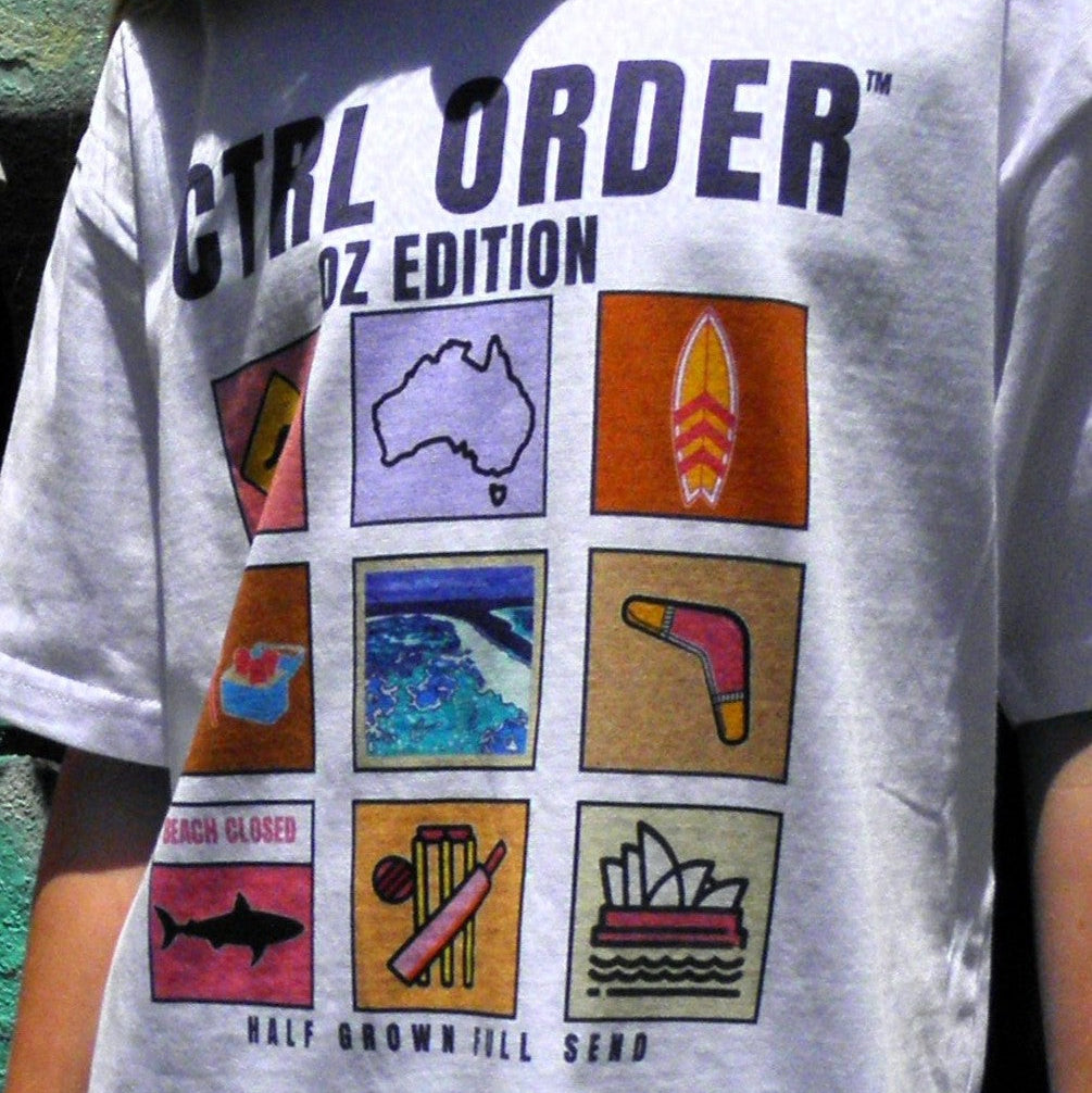 Detail shot of Aussie Icons pastel pink OZ Edition graphic on white kids t-shirt - Australian youth streetwear by CTRL ORDER