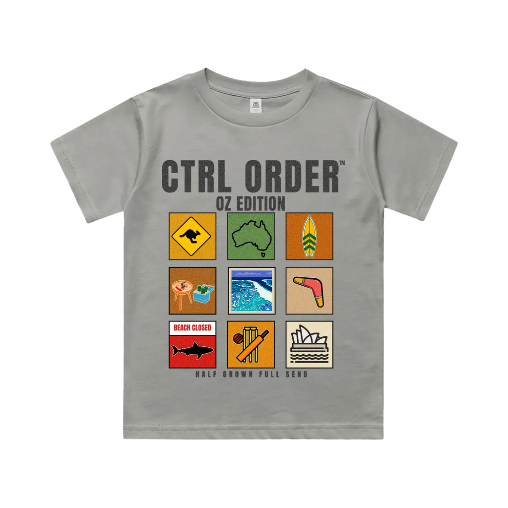 Stone grey youth t-shirt with CTRL ORDER OZ Edition graphic front flat lay