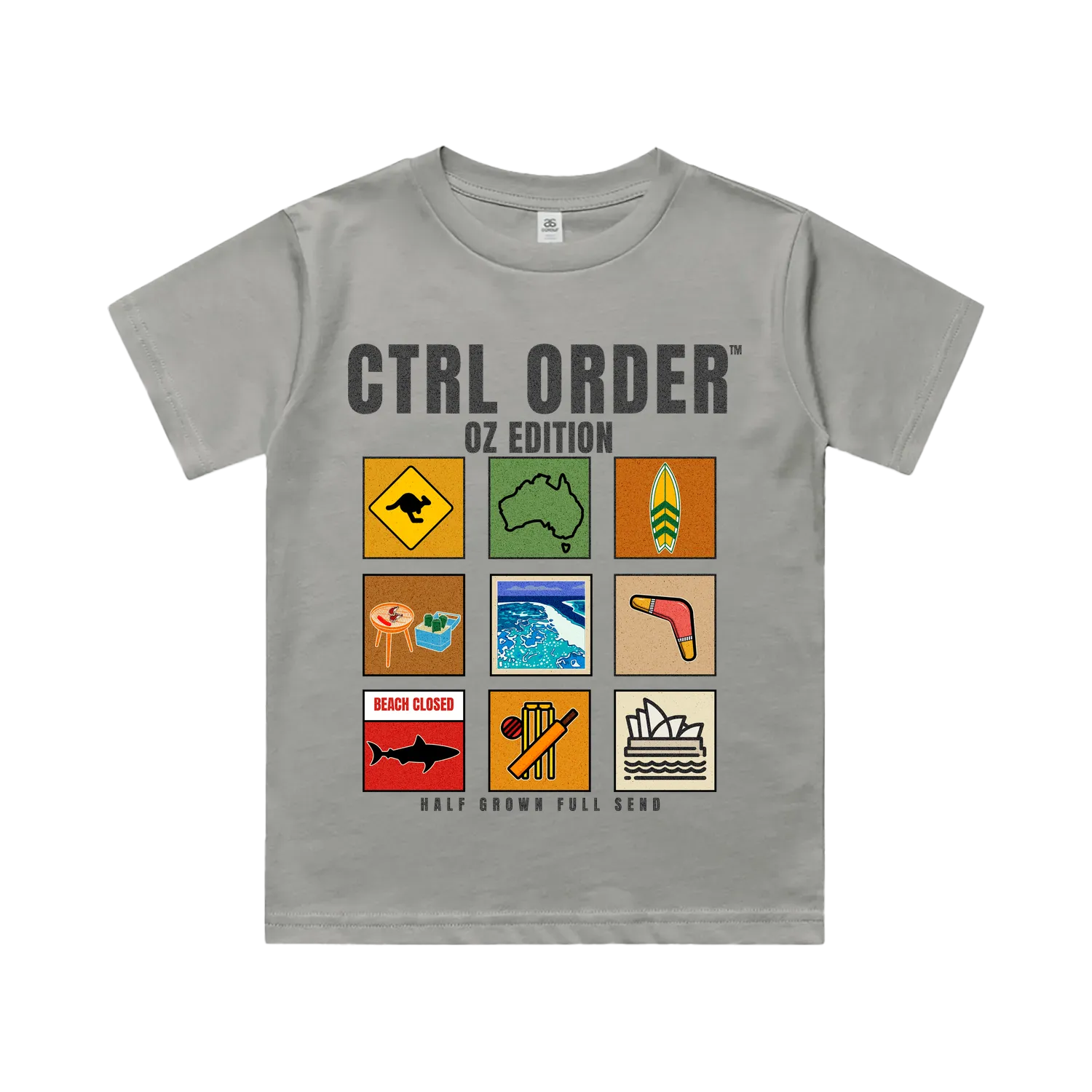 Stone grey youth t-shirt with CTRL ORDER OZ Edition graphic front flat lay