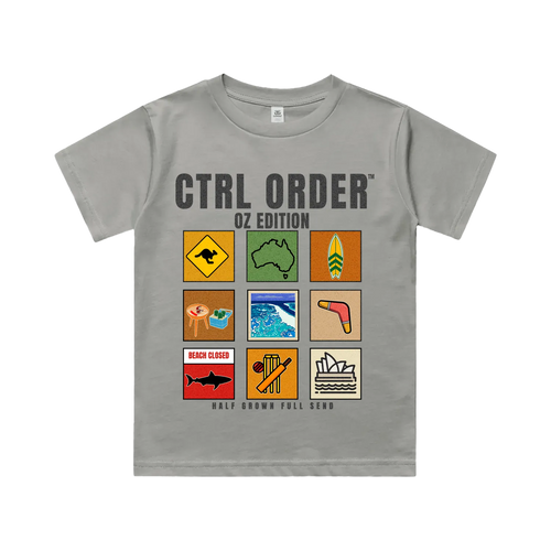 Aussie Icons kids t-shirt in stone grey with OZ Edition Australian icon grid graphic - youth streetwear by CTRL ORDER Australia