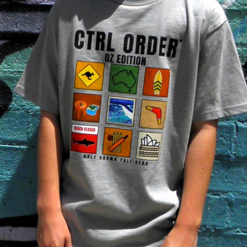 Youth model wearing Aussie Icons t-shirt in stone with Australian icon grid graphic - kids streetwear by CTRL ORDER Australia