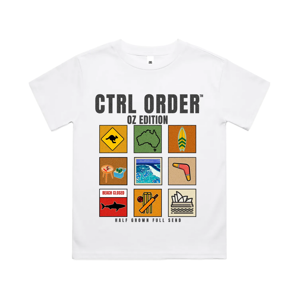 White youth t-shirt with CTRL ORDER OZ Edition graphic front flat lay