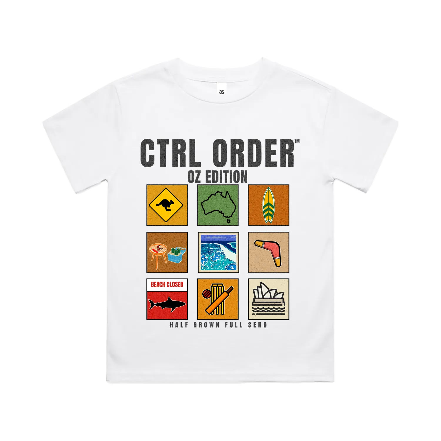 White youth t-shirt with CTRL ORDER OZ Edition graphic front flat lay