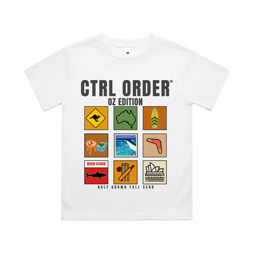 Aussie Icons kids t-shirt in white with OZ Edition Australian icon grid graphic - youth streetwear by CTRL ORDER Australia