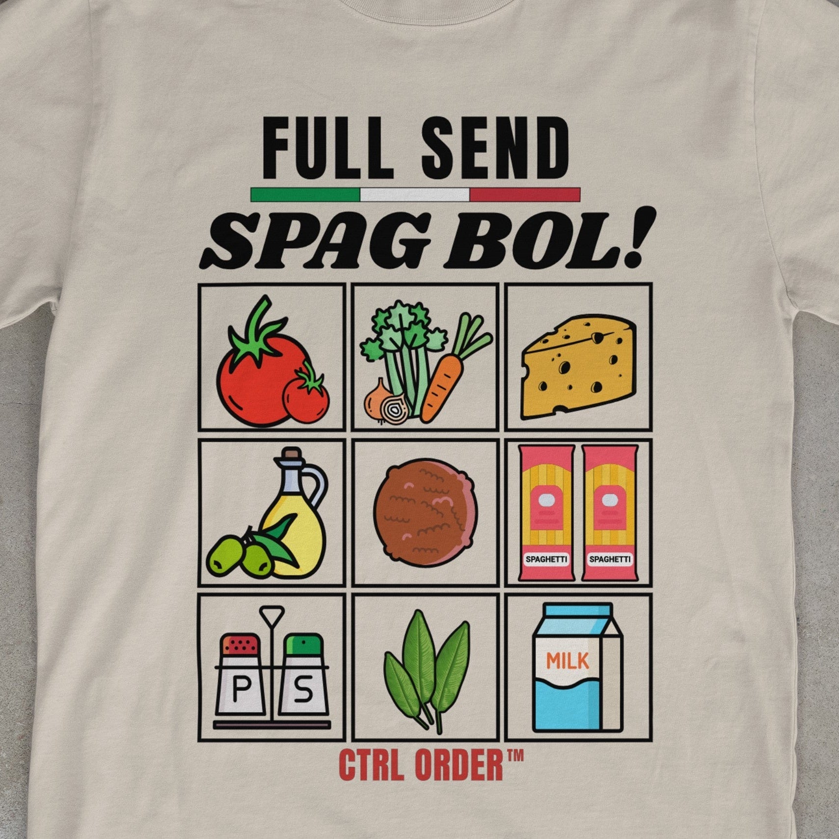 Close-up of Spag Bol graphic detail showing illustrated ingredient grid on ecru kids t-shirt - Australian youth streetwear by CTRL ORDER