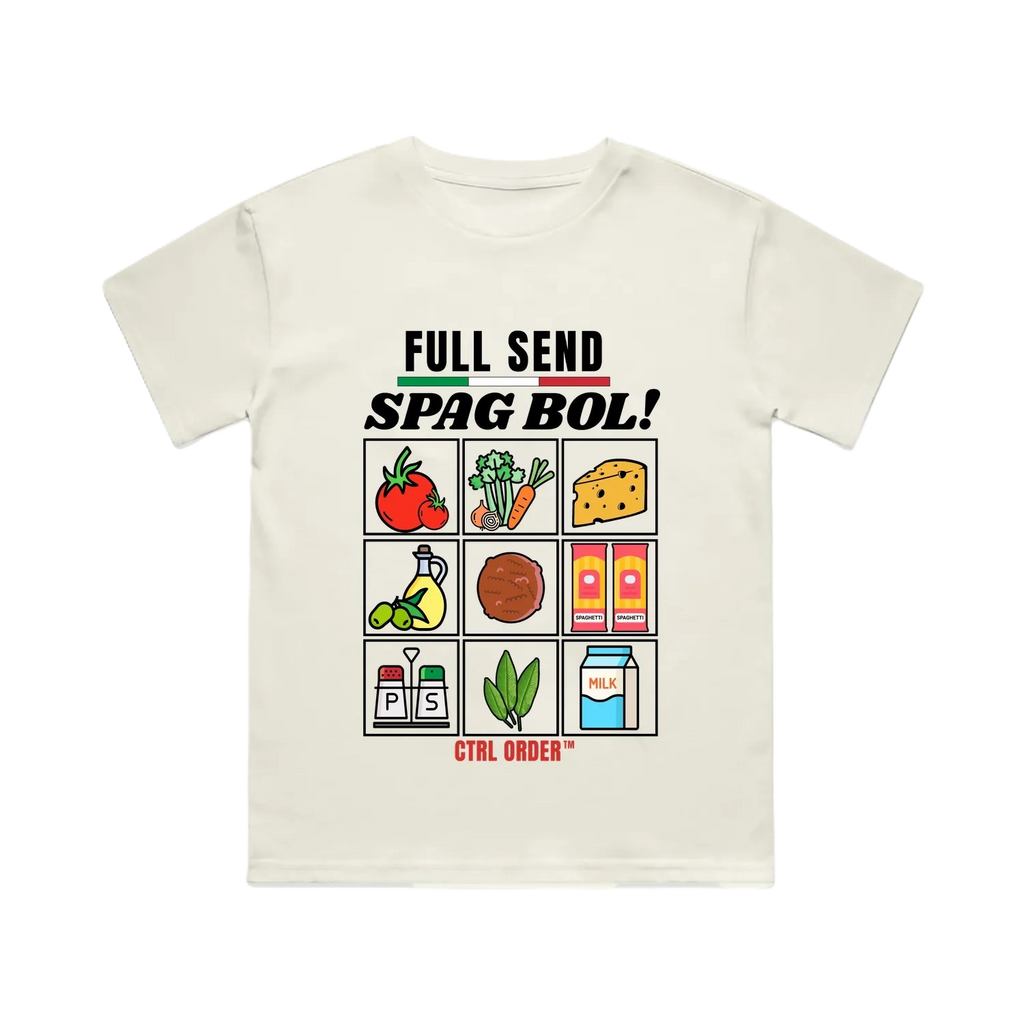 Spag Bol kids graphic t-shirt in ecru with Full Send Spag Bol ingredient grid - fun youth streetwear by CTRL ORDER Australia